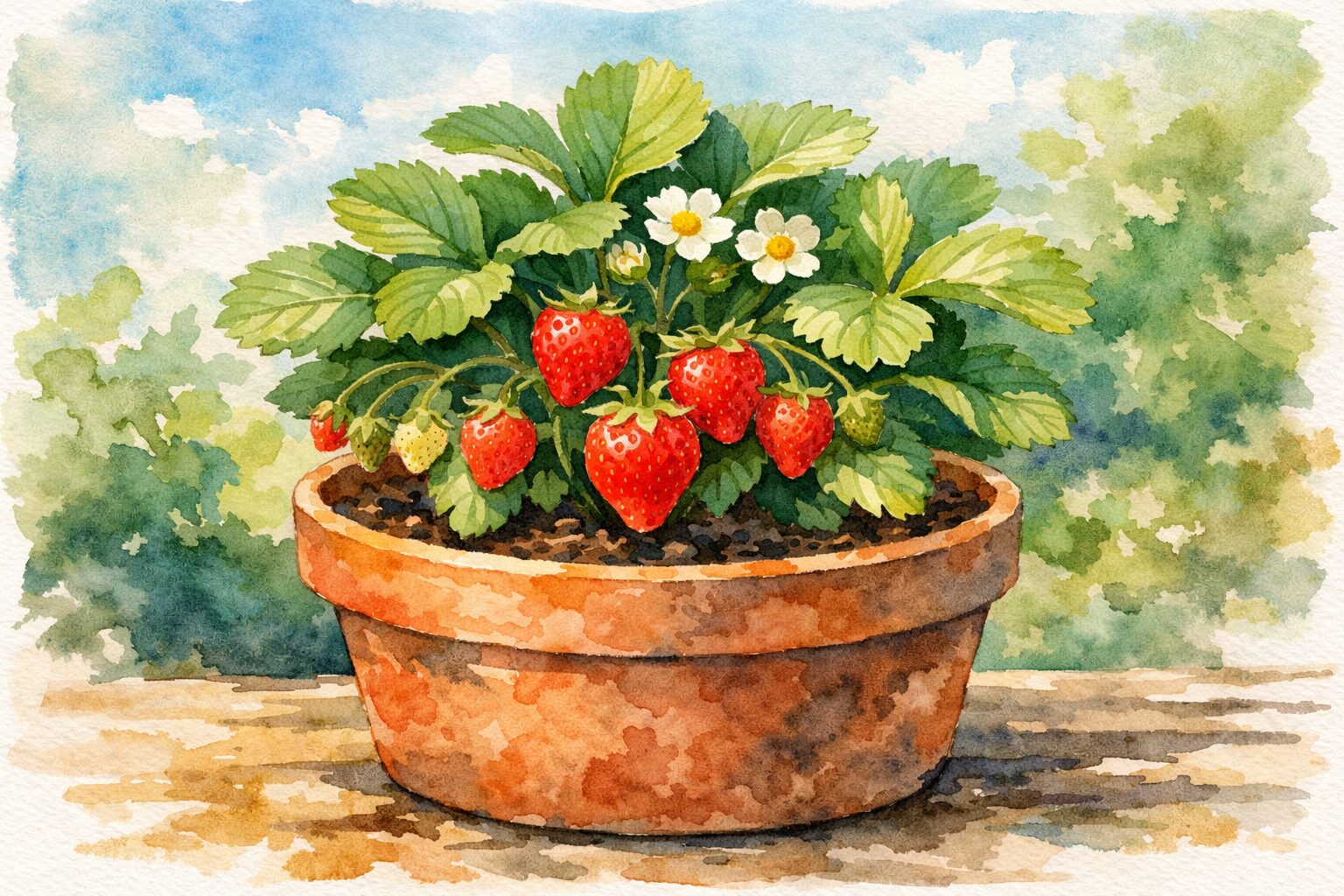 赤く実ったいちごがなっている鉢植えのいちご苗の水彩画風イラスト