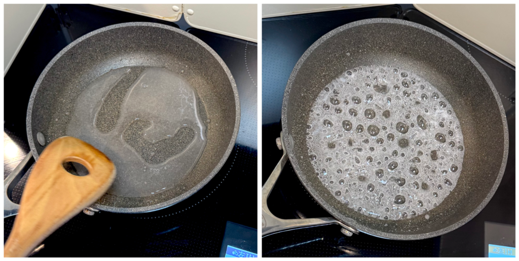 プリン用カラメル作りの工程。左は砂糖と水が完全に溶けた直後、右は加熱を続けて泡立ち始めた状態