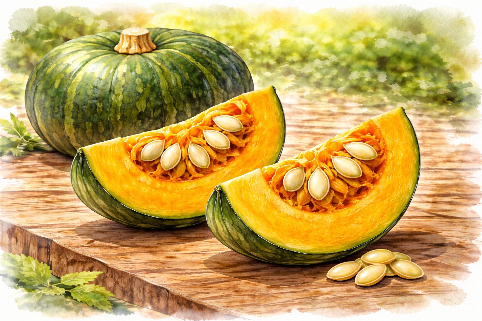 まるまるのかぼちゃと切ったかぼちゃのイラスト